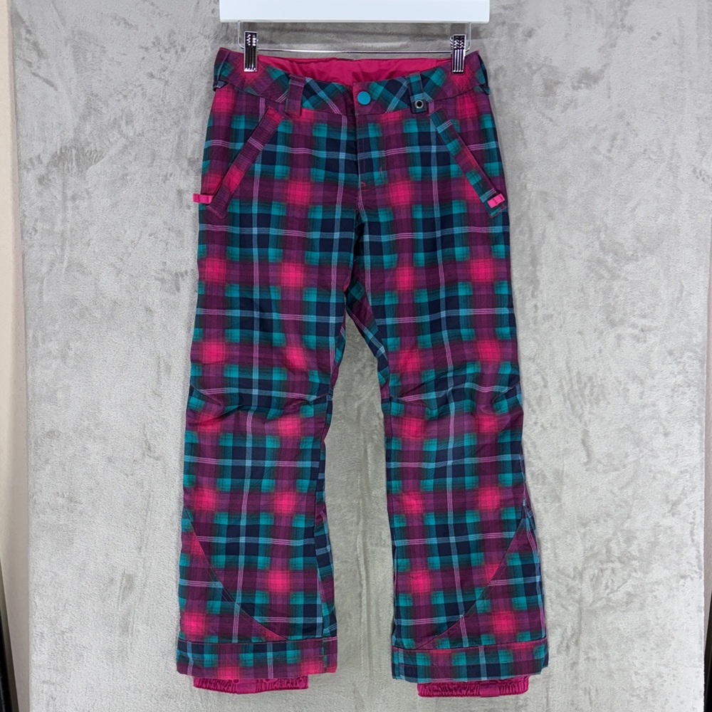 Burton Girls Sweetart M Snow Pants in Pink, Purple, and Teal Plaid